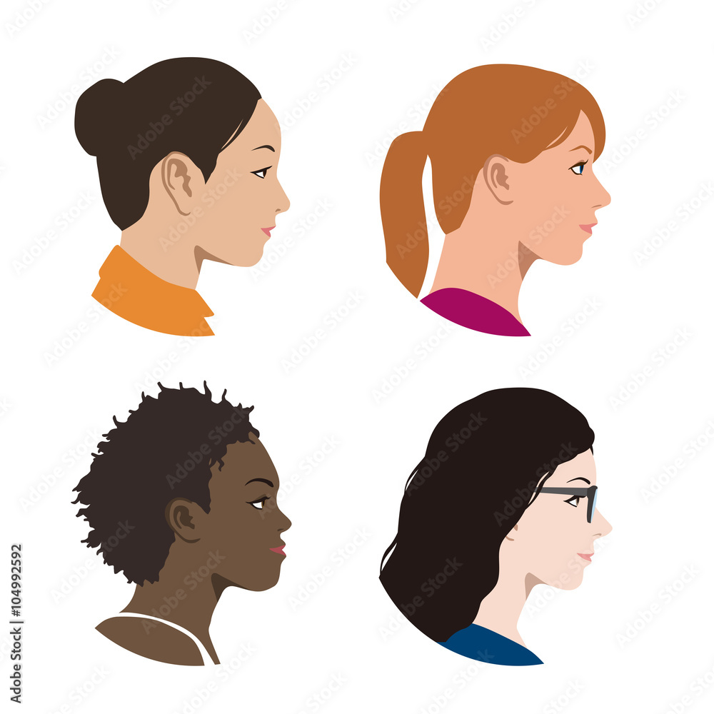 various races women profile icon set, face as seen from the side, avatar icons, vector illustration