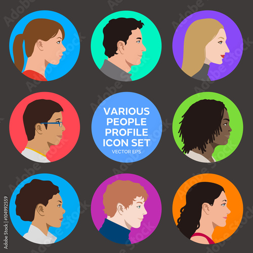 multicultural women and men profile icon set, face as seen from the side, avatar icons, vector illustration