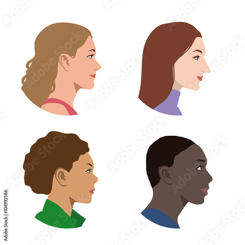 various races women profile icon set, face as seen from the side, avatar icons, vector illustration