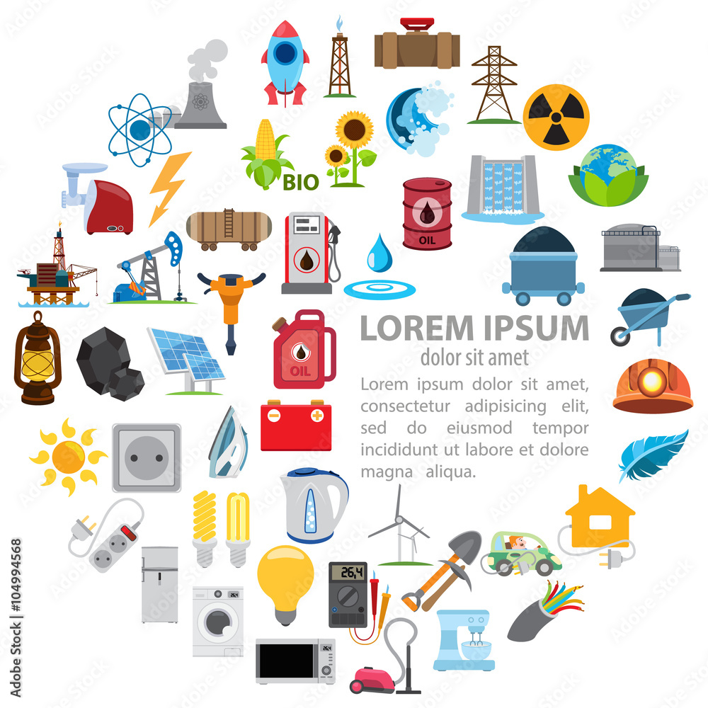 Infographics of energetics, electricity, mining, oil, round composition Infographics of energetics, electricity, mining, oil, round composition