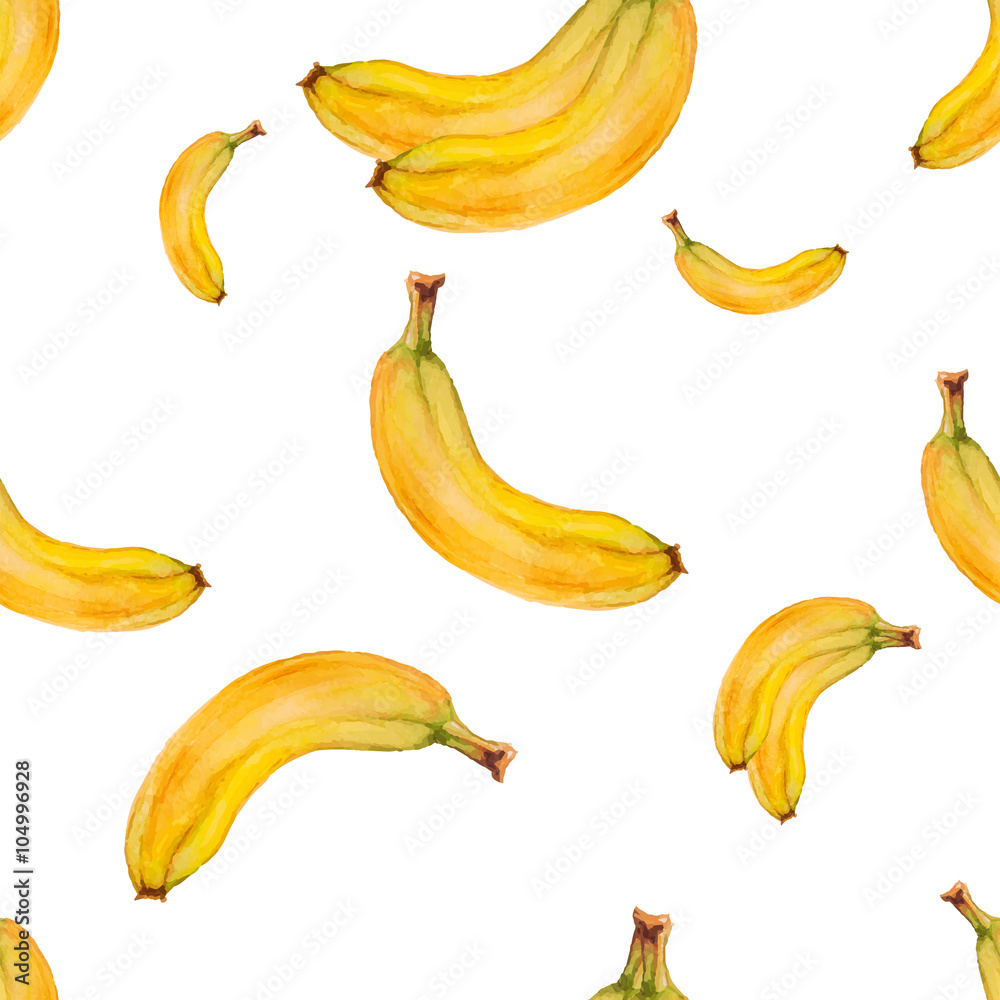 Watercolor seamless pattern with bananas. Hand drawn tropical design. Vector summer fruit illustration.