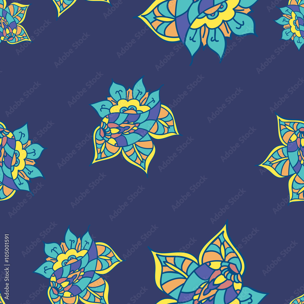 Texture with hand drawn abstract doodle. Blue background. Vector seamless pattern. Summer template. Ethnic backdrop. Colorful floral elements. Indian paisley flowers. For wallpaper, fabric, wrapping.