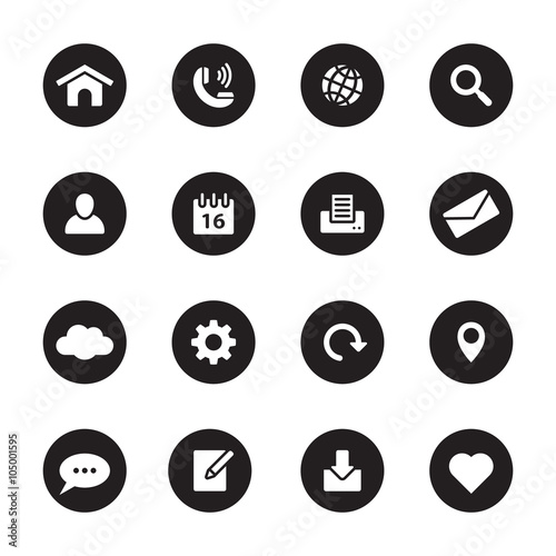 white flat web and technology icon set on black circle for web design, user interface (UI), infographic and mobile application (apps)
