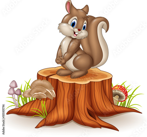 Cartoon funny squirrel on tree stump