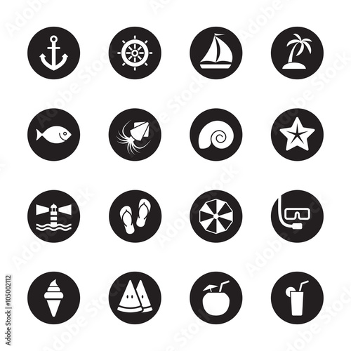 white flat beach and summer icon set on black circle for web design, user interface (UI), infographic and mobile application (apps)