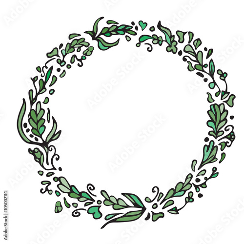 Wallpaper Mural Leaf doodle wreath. Vintage round green frame isolated on white. Space for your text. Floral illustration.Template for wedding invitation, save the date, greeting, birthday cards. Decorative element. Torontodigital.ca