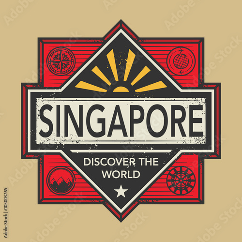 Stamp or vintage emblem with text Singapore, Discover the World