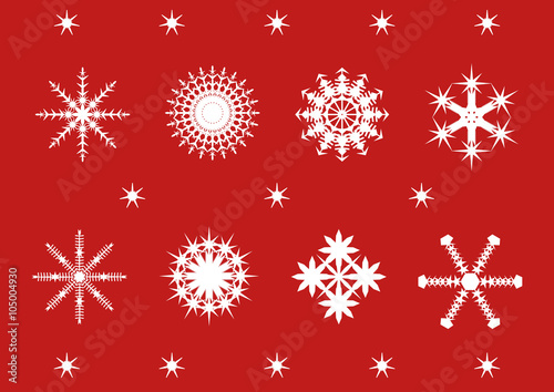 set of festive snowflakes on a red background