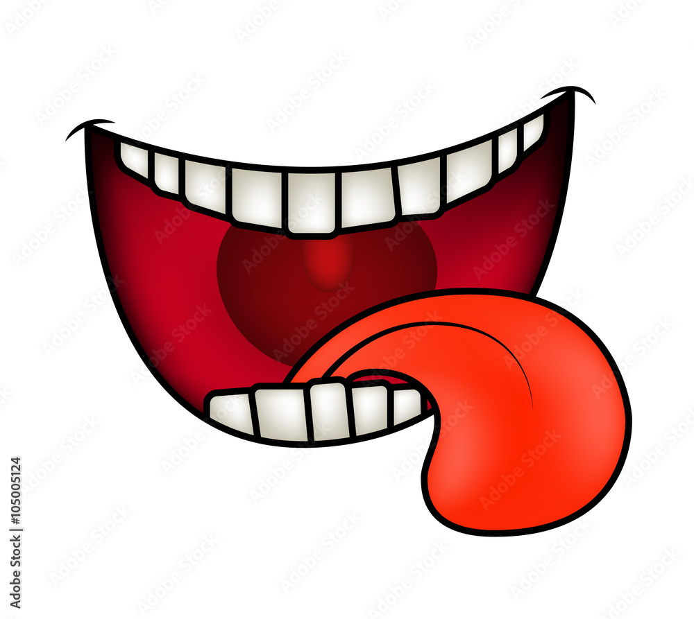 Fototapeta premium Cartoon smile, mouth, lips with teeth and tongue. vector illustration isolated on white background