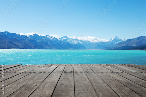 old wood floor with landscape of lake in summer day in new zeala