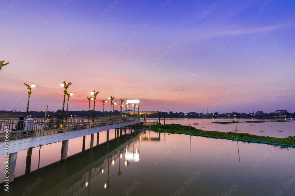 Thai pier in evening at Chaophraya river, Wat ku,Pakkret,Thailan