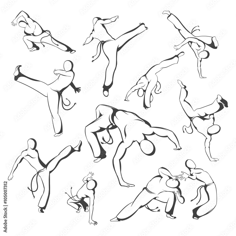 Isolated silhouettes capoeira dancer. Vector illustration set for design