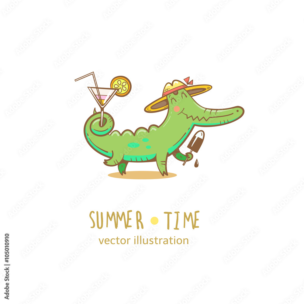 Obraz premium Summer card with cute cartoon crocodile in straw hat. Eskimo and cocktail. Summer time. Vector image.