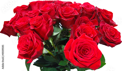 Red roses in a luxurious bouquet. Flowers for loved ones. Festive bouquet for congratulations. The expression of love. A beautiful bouquet of red roses on a white background. Isolated. 