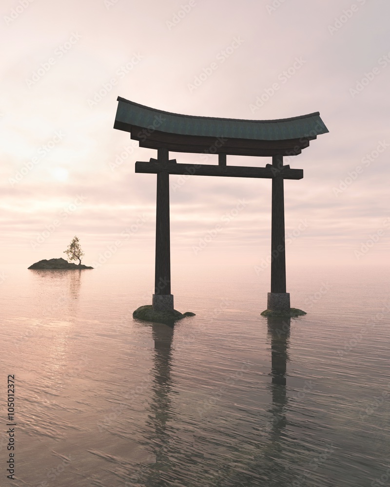 Japanese Floating Torii Gate at a Shinto Shrine, Evening - fantasy illustration Japanese Floating Torii Gate at a Shinto Shrine, Evening - fantasy illustration