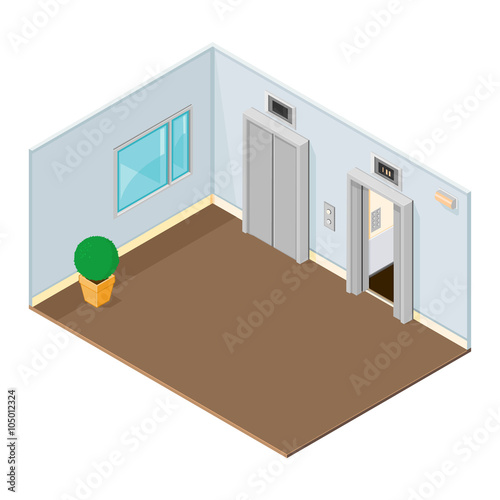 Isometric vector illustration of an office or hotel elevators.  
Isometric lift or Elevator on interior room floor.