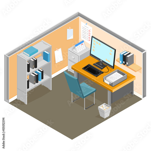 Vector illustration of an Isometric desk with office equipment and furniture. Office work Cubical with Computer - business concept.