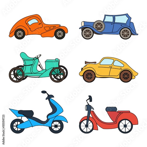 Vector set of four retro cars and two scooters. Icons featuring modern and retro automobiles, old fashioned vintage car, modern scooters. Colorful cars and scooters. Isolated. Vector illustration