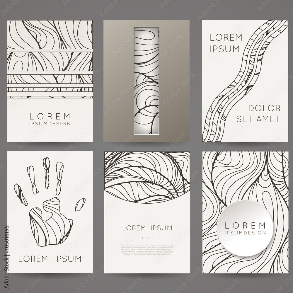 Set of vector design templates. Brochures in random colorful style. Vintage frames and backgrounds. Black and White.