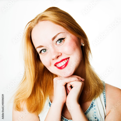 attractive young woman with blond hair and red lips