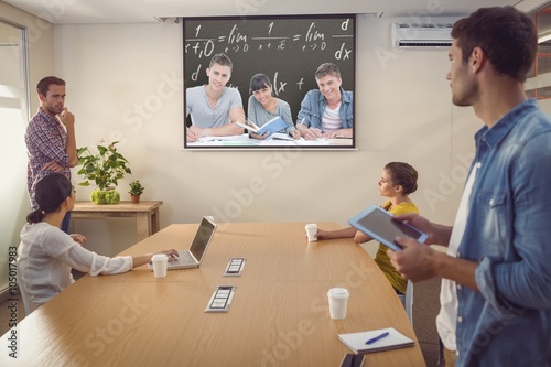 Composite image of students doing work together