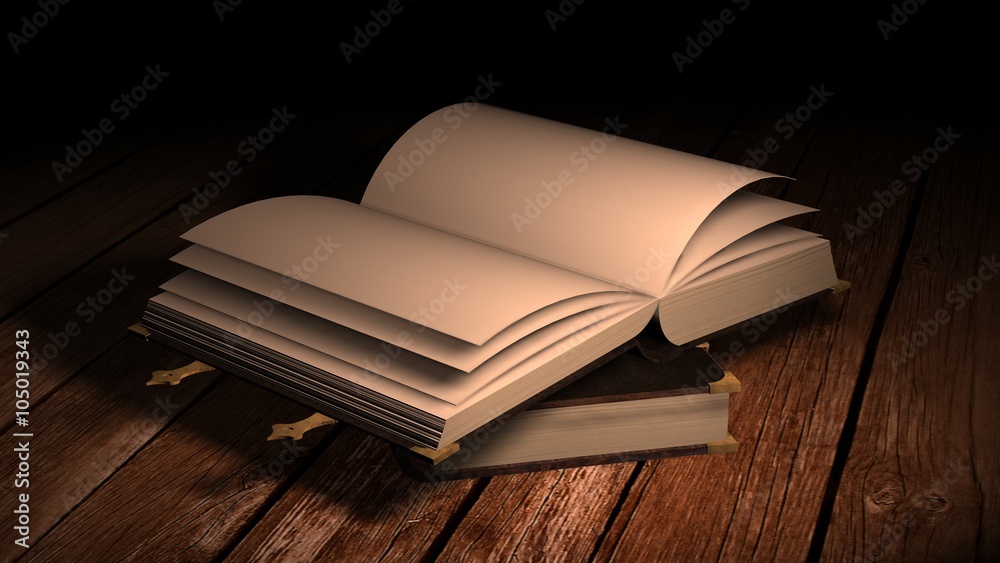 empty open old leather book on wooden table in candlelight