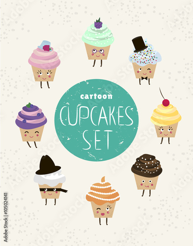 Cartoon cupcakes set. Vector cupcakes collection with eyes and smiles