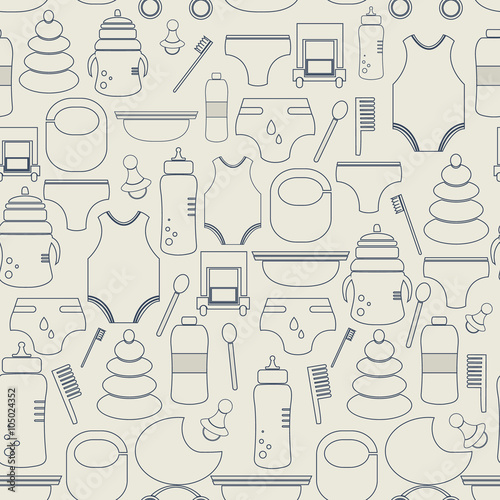 Seamless pattern baby's goods. Vector baby texture in outline style