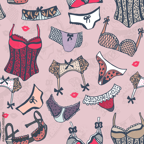 Seamless pattern with hand drawn women lingerie. 