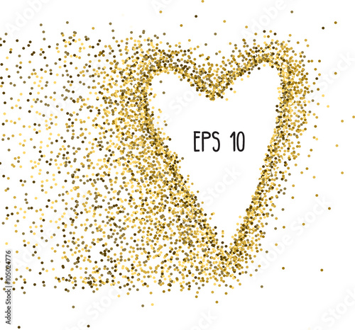 Abstract vector gold background with shape of  heart. Gold sparkles isolated on white.Ready design for wedding card, valentine, save the date and other projects