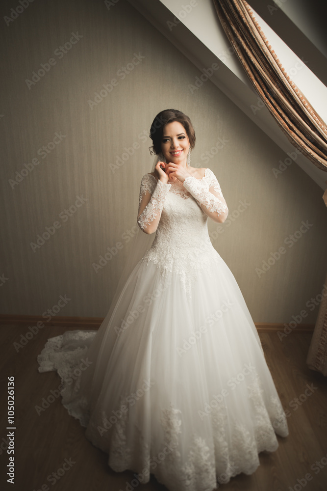 Luxury bride in white dress posing while preparing for the wedding ceremony Luxury bride in white dress posing while preparing for the wedding ceremony