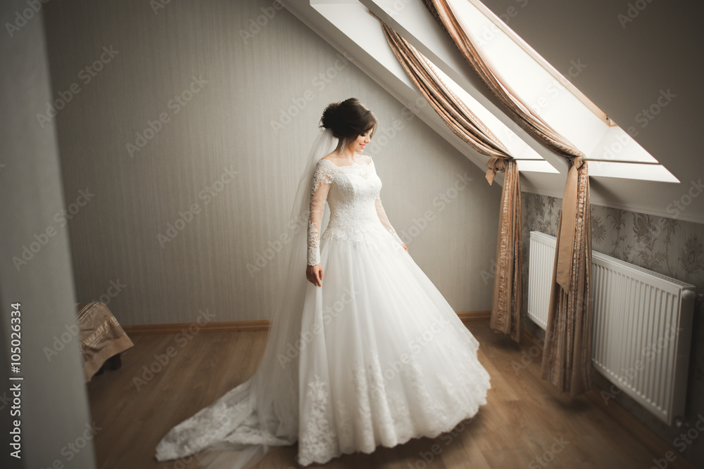 Luxury bride in white dress posing while preparing for the wedding ceremony Luxury bride in white dress posing while preparing for the wedding ceremony