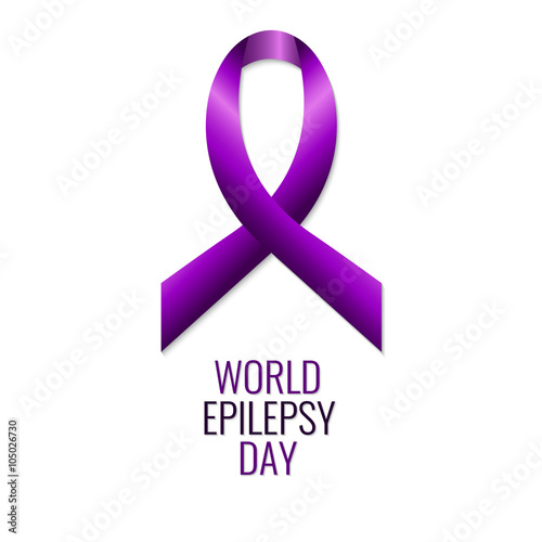 Purple ribbon on white background. World epilepsy day. Purple epilepsy awareness ribbon. Epilepsy solidarity day. Isolated vector illustration.