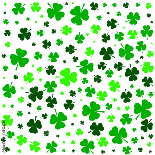 Happy St. Patricks Day greeting background. Pattern of shamrock leaves on white background for Saint Patrick s Day celebration. Clover leaves pattern. Vector illustration...