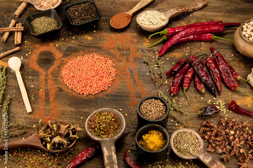 colorful spices and herbs on wooden table. Cutlery silhouette. Asian Indian cuisine ingredients. Healthy vegetarian food. Recipe  menu  mock up  cooking.