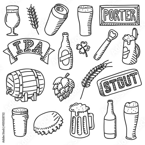 Set of beer doodles. Hand drawn craft beer illustration photo