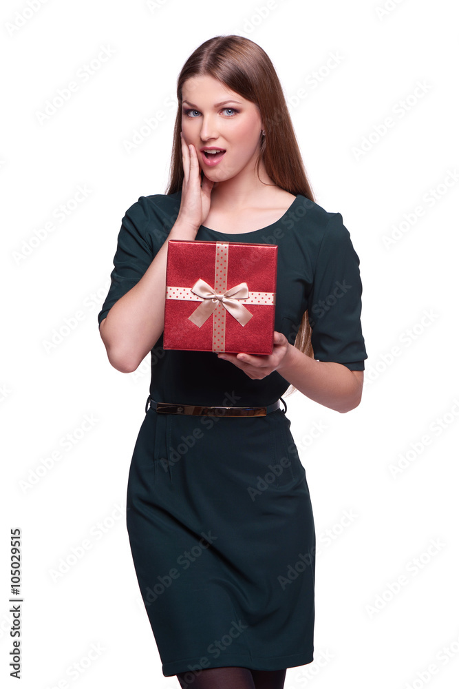 Fototapeta premium Surprised woman with gift box
