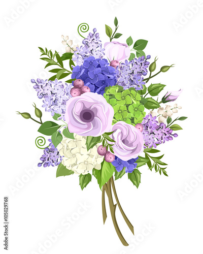 Vector bouquet of purple, blue, white and green lisianthus, lilac and hydrangea flowers and green leaves isolated on a white background.