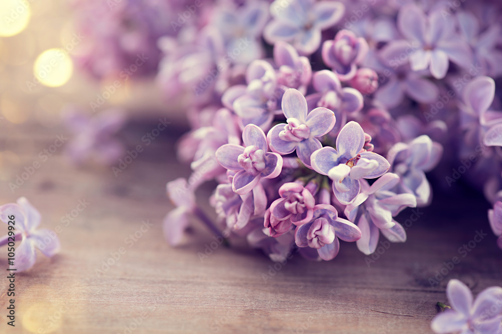 Lilac spring flowers bunch over wooden background - obrazy, fototapety, plakaty 