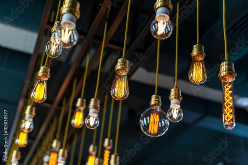 Glowing tungsten lamp in a pub