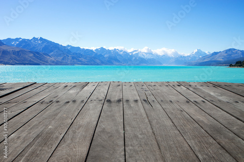 old wood floor with landscape of lake in summer day in new zeala
