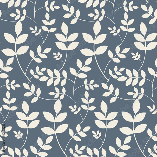 Leaves branches floral seamless beige and blue vector pattern. Nature background for wedding invitations or wallpaper texture.