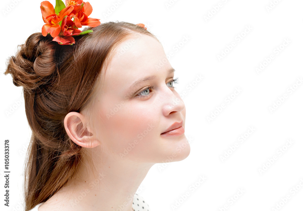 Naklejka premium Happy, beautiful girl, with blue eyes .Flowers in her hair.Spring mood.