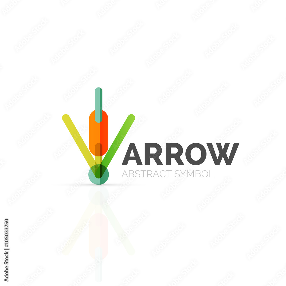 Linear arrow abstract logo, connected multicolored segments of lines in directional pointer figure Linear arrow abstract logo, connected multicolored segments of lines in directional pointer figure