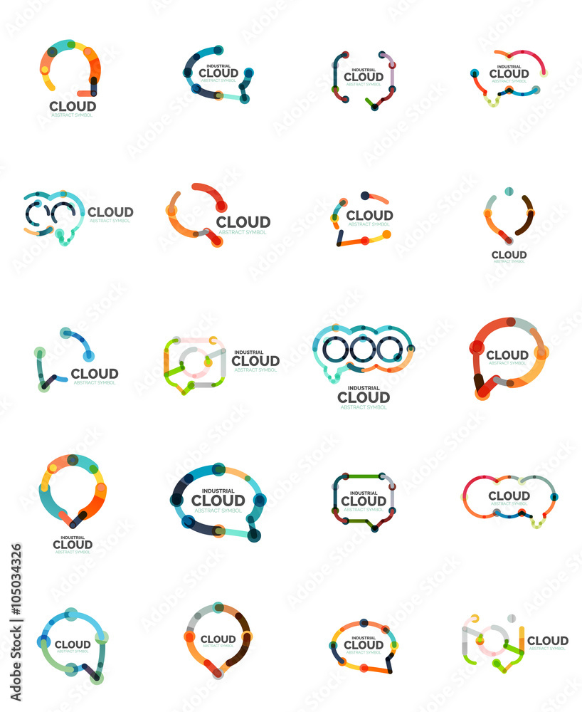 Set of flat linear design speech cloud logos. Talk bubbles, modern geometric industrial thin line icons