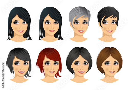 isolated set of young woman avatar with different hairstyles