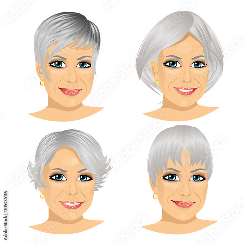 isolated set of mature woman avatar with different hairstyles