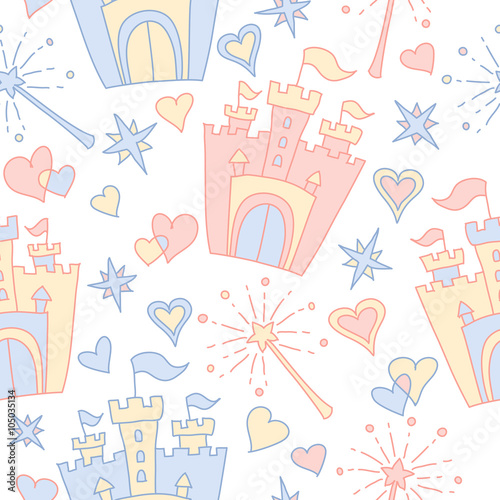 Tapety Ręcznie rysowane bezszwowe wektor różowy i niebieski wzór małej księżniczki gryzmoły. Tło do wykorzystania w projektowaniu, stronie internetowej, tekstyliach. Koszulka z grafiką. Drukuj dziewczyna.