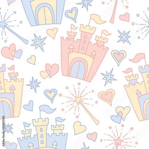 Tapety Ręcznie rysowane bezszwowe wektor różowy i niebieski wzór małej księżniczki gryzmoły. Tło do wykorzystania w projektowaniu, stronie internetowej, tekstyliach. Koszulka z grafiką. Drukuj dziewczyna.