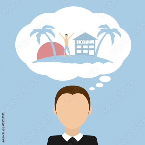 Man dream about vacation. Tropical island. Vector illustration.